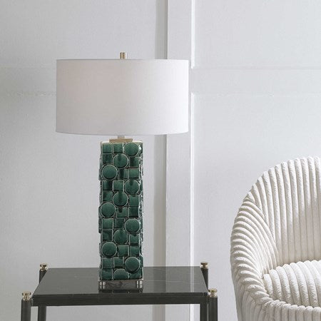 Uttermost Geometry Emerald Green Glazed Ceramic Table Lamp With White Linen Shade - Image 1