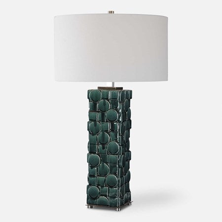 Uttermost Geometry Emerald Green Glazed Ceramic Table Lamp With White Linen Shade - Image 2