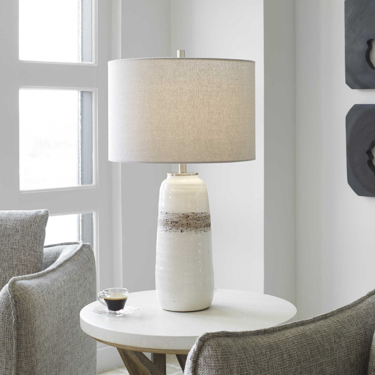 Uttermost Comanche Off-White Crackle Glazed Ceramic Table Lamp With Light Gray Linen Shade - Image 1