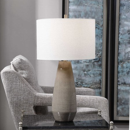 Uttermost Volterra Taupe Gray Glazed Ceramic Table Lamp With White Linen Shade - Image 1