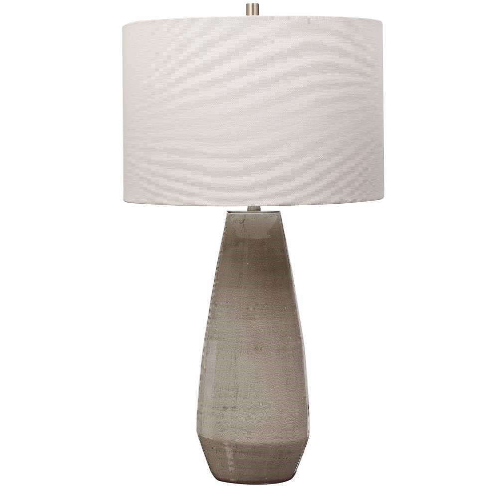 Uttermost Volterra Taupe Gray Glazed Ceramic Table Lamp With White Linen Shade - Image 3