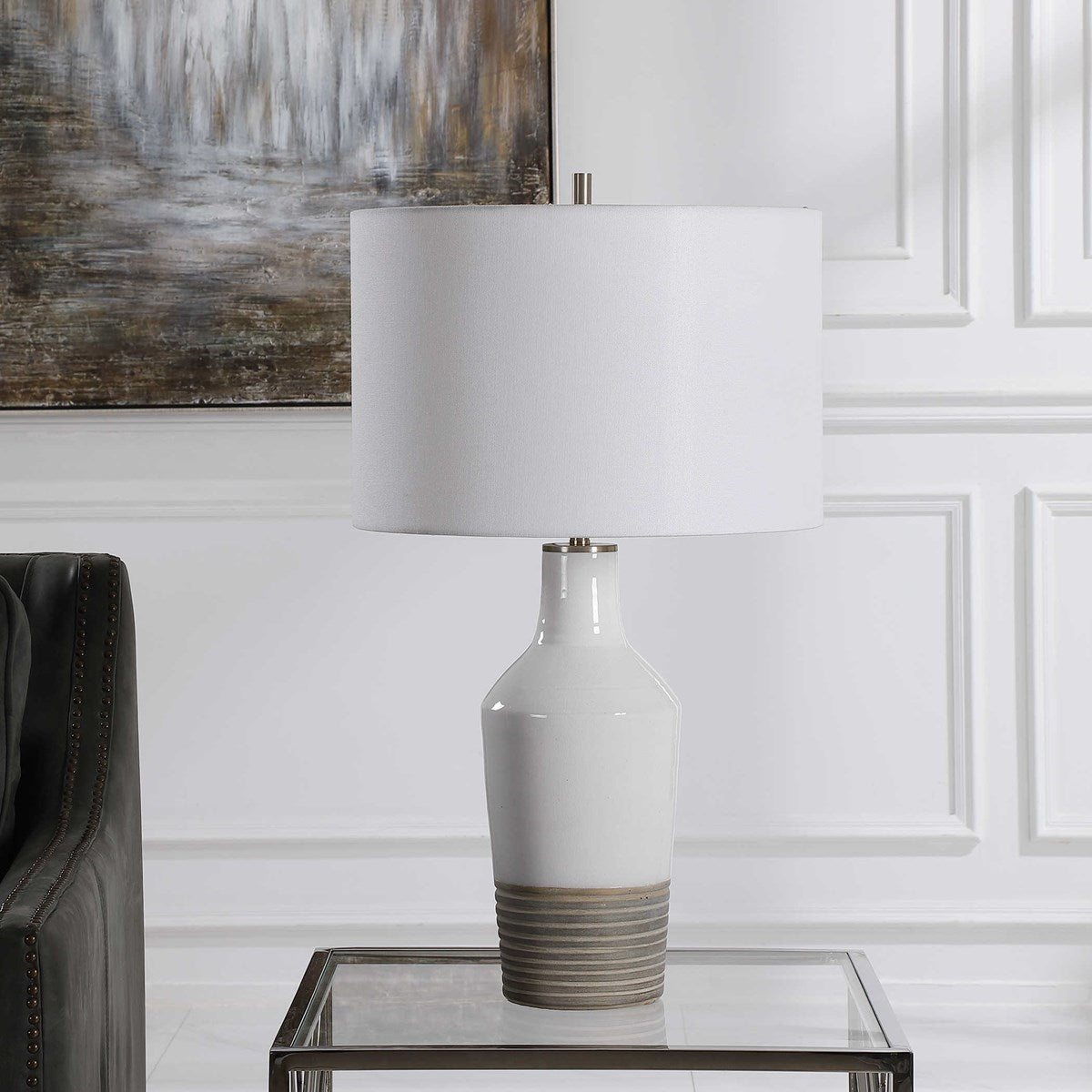 Uttermost Dakota White Crackle Glazed Ceramic Table Lamp With Linen Shade - Image 3