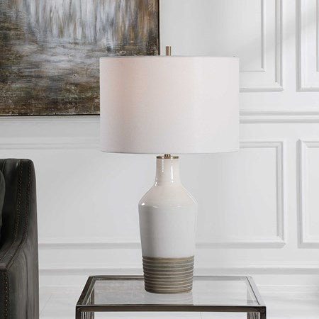 Uttermost Dakota White Crackle Glazed Ceramic Table Lamp With Linen Shade - Image 1