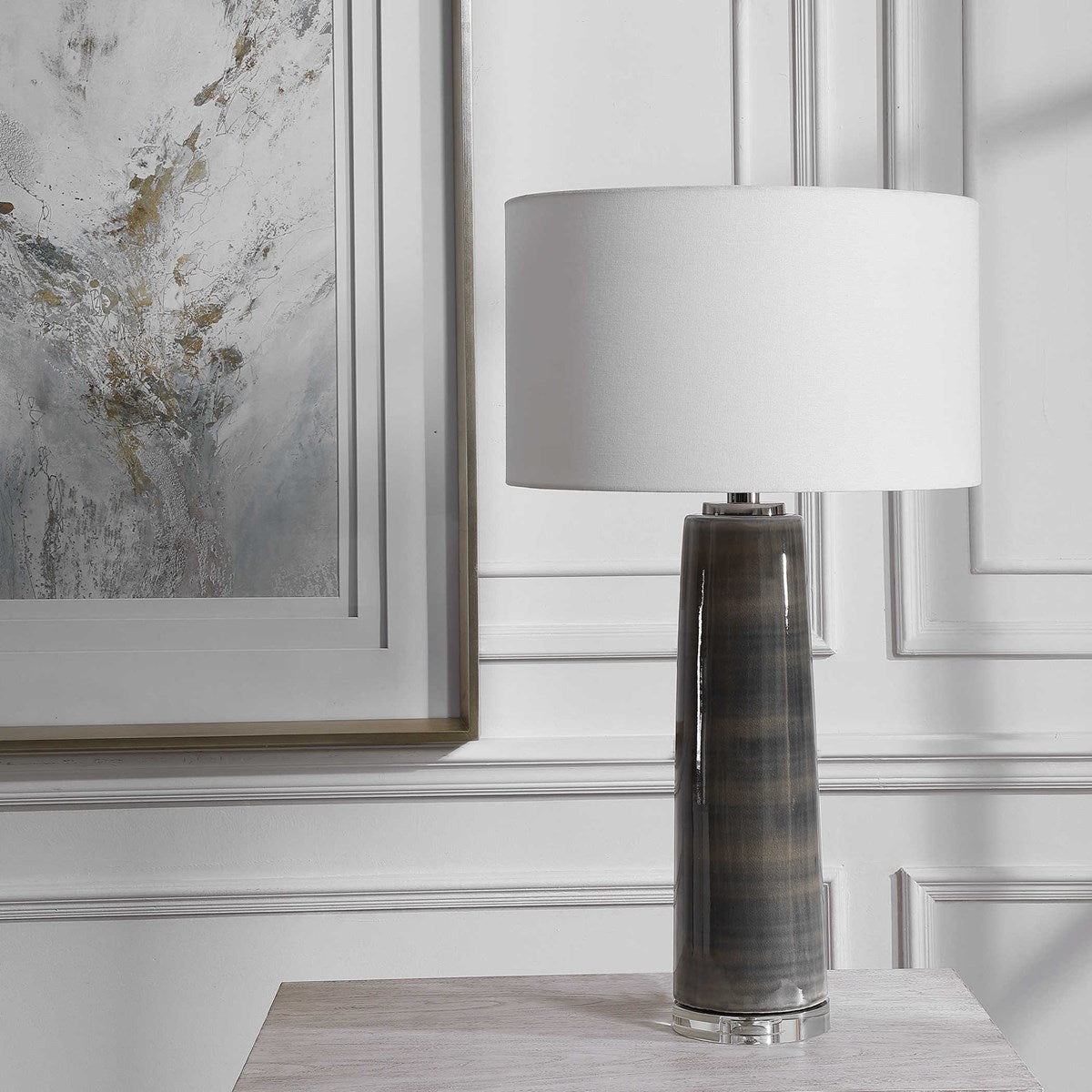 Uttermost Seurat Charcoal Gray Ceramic Table Lamp With White Linen Shade - Image 1