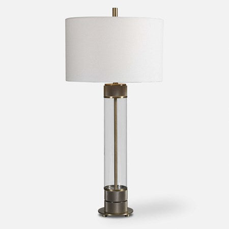 Uttermost Anmer Clear Glass and Antiqued Brass Iron Table Lamp With White Drum Shade - Image 2