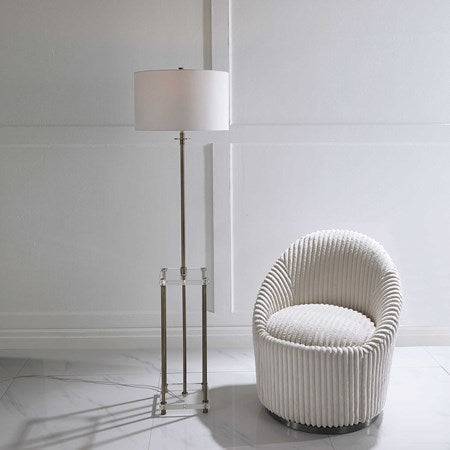 Uttermost Palladian Antiqued Brass Iron Floor Lamp With White Linen Shade - Image 3