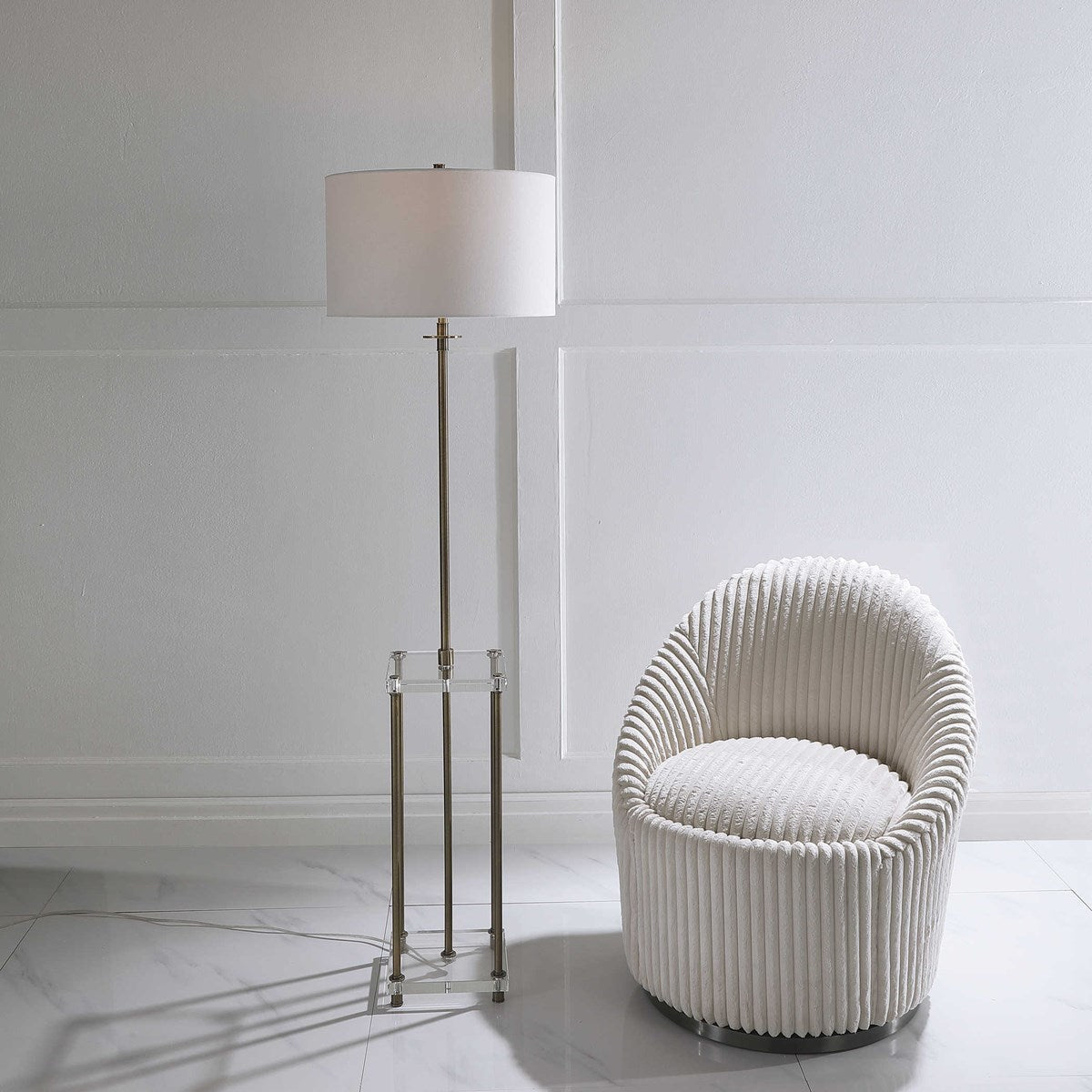 Uttermost Palladian Antiqued Brass Iron Floor Lamp With White Linen Shade - Image 1