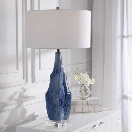 Uttermost Everard Indigo Blue Glazed Ceramic Table Lamp With White Linen Shade - Image 1