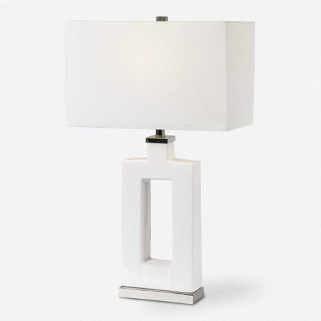 Uttermost Entry White Glazed Ceramic Contemporary Table Lamp With Linen Shade - Image 1