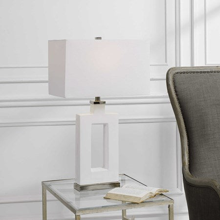 Uttermost Entry White Glazed Ceramic Contemporary Table Lamp With Linen Shade - Image 2