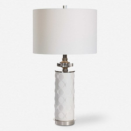 Uttermost Calia White Embossed Ceramic Table Lamp With Linen Shade - Image 2