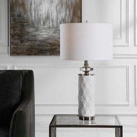 Uttermost Calia White Embossed Ceramic Table Lamp With Linen Shade - Image 1