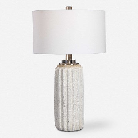 Uttermost Azariah Cream and Beige Crackle Glaze Ceramic Table Lamp With White Linen Drum Shade - Image 3
