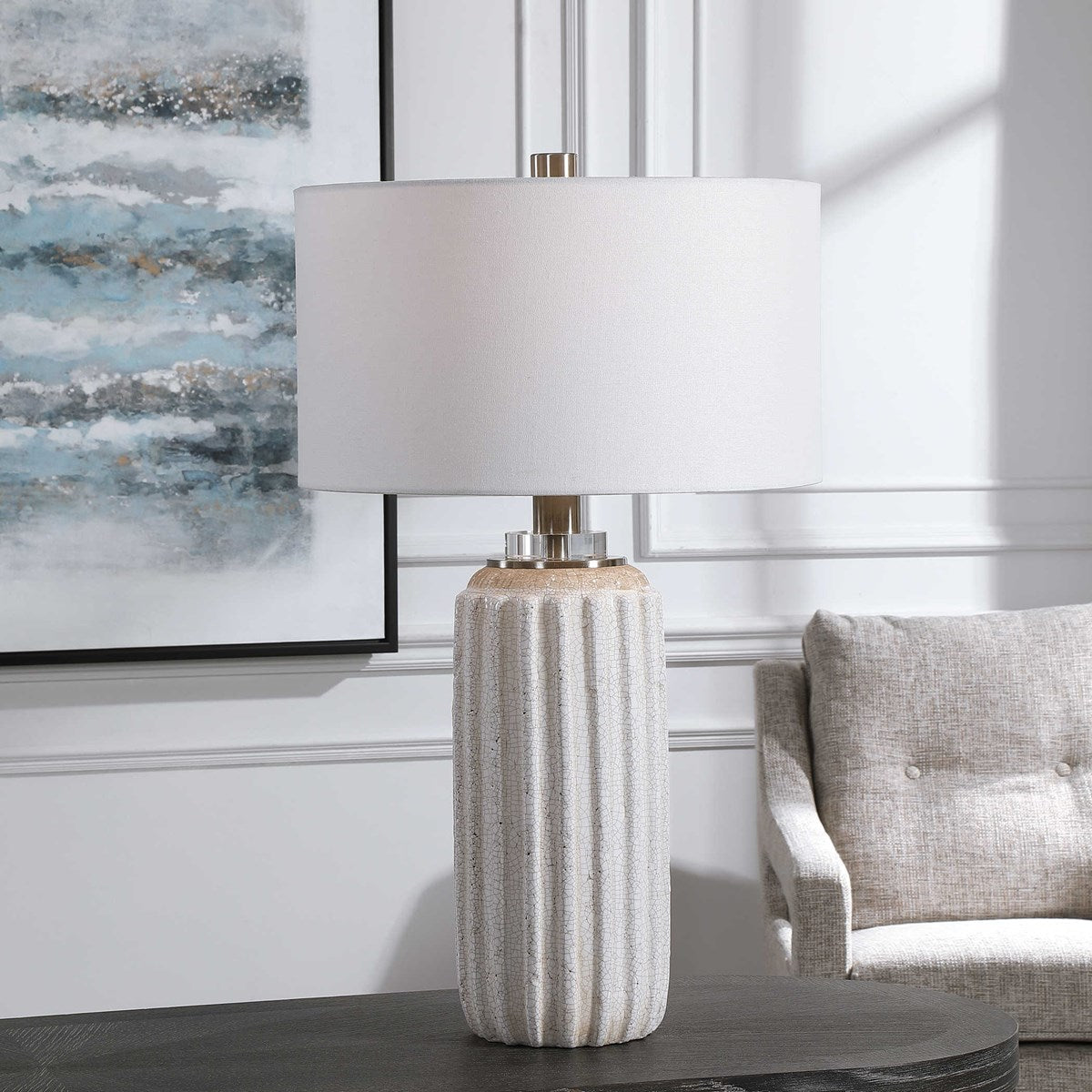 Uttermost Azariah Cream and Beige Crackle Glaze Ceramic Table Lamp With White Linen Drum Shade - Image 1
