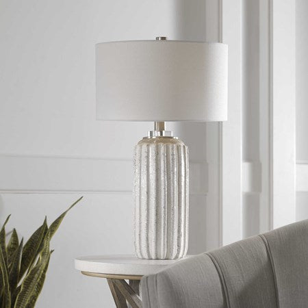 Uttermost Azariah Cream and Beige Crackle Glaze Ceramic Table Lamp With White Linen Drum Shade - Image 2
