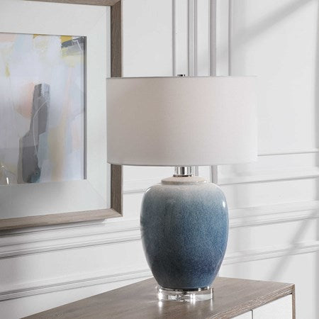 Uttermost Blue Waters Ombré Ceramic Table Lamp With White Linen Drum Shade - Image 3