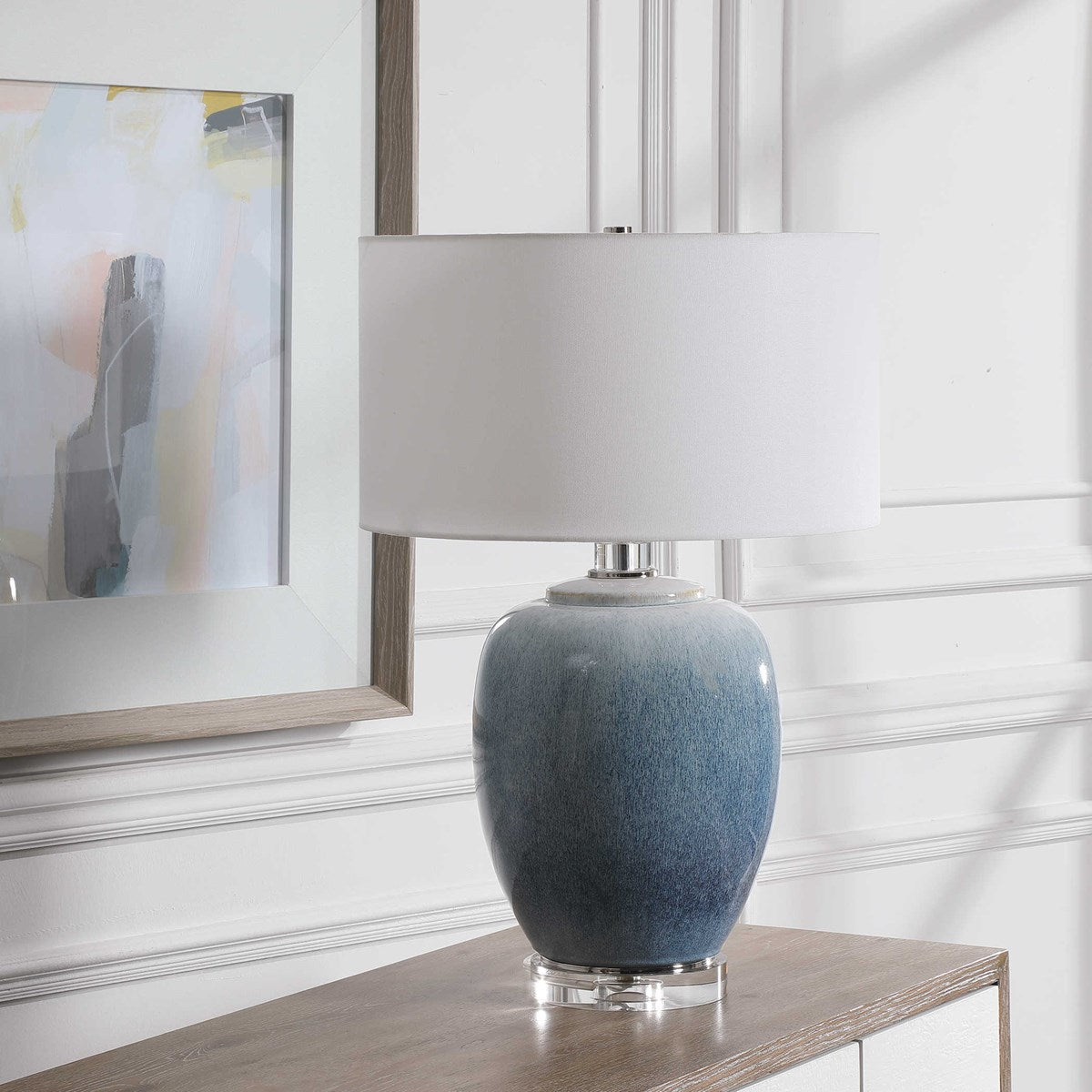 Uttermost Blue Waters Ombré Ceramic Table Lamp With White Linen Drum Shade - Image 1
