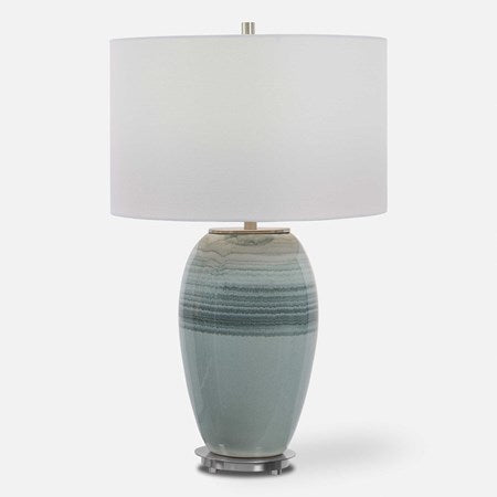 Uttermost Caicos Aqua and Teal Crackle Glazed Ceramic Table Lamp With White Linen Shade - Image 2