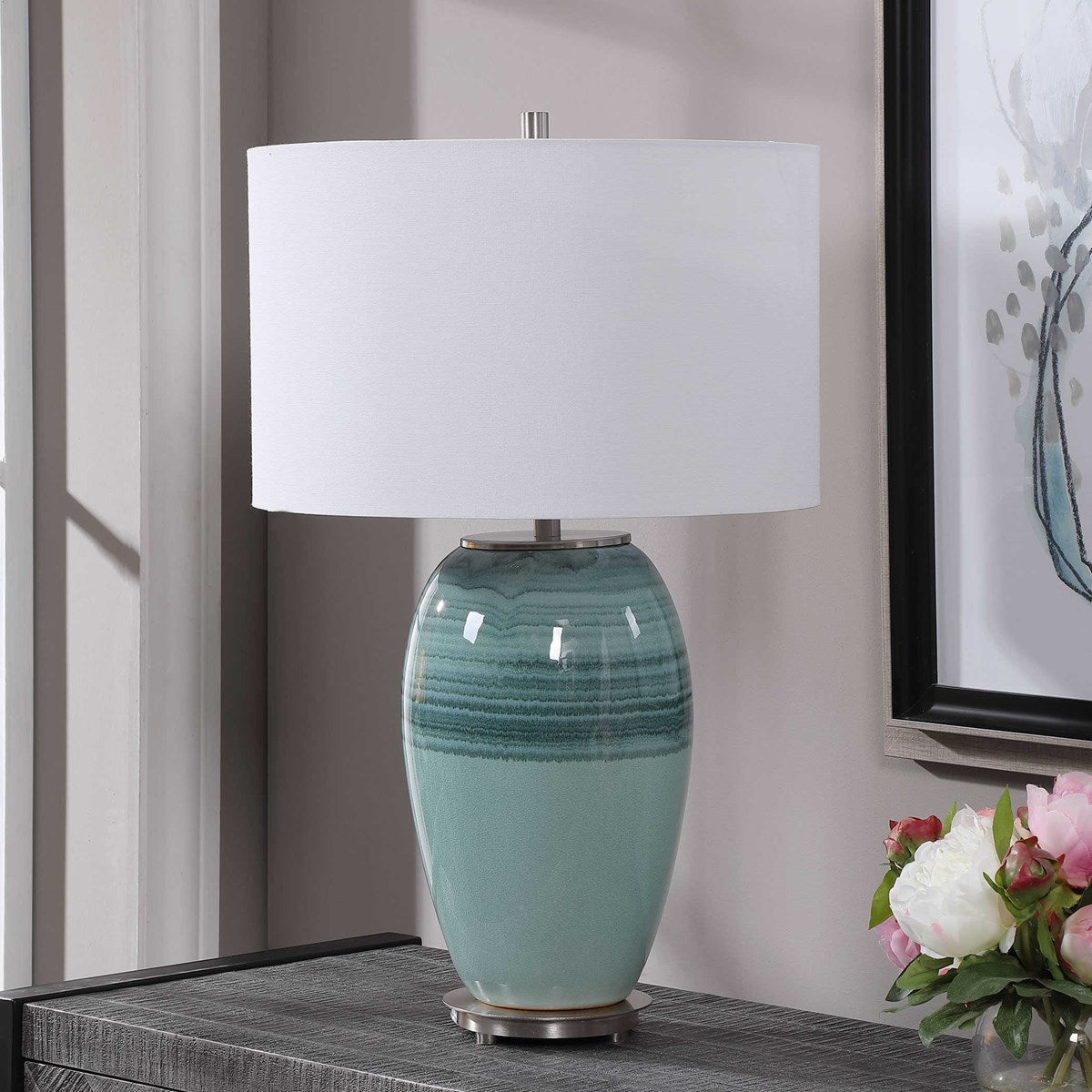 Uttermost Caicos Aqua and Teal Crackle Glazed Ceramic Table Lamp With White Linen Shade - Image 3