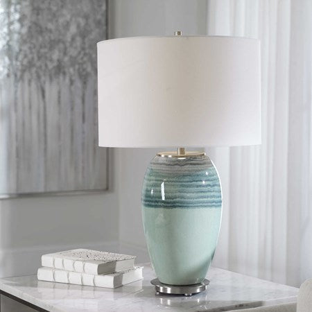 Uttermost Caicos Aqua and Teal Crackle Glazed Ceramic Table Lamp With White Linen Shade - Image 1