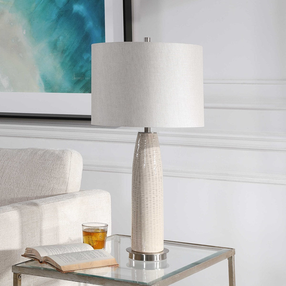 Uttermost Delgado Light Gray Glazed Ceramic Table Lamp With Linen Shade - Image 3