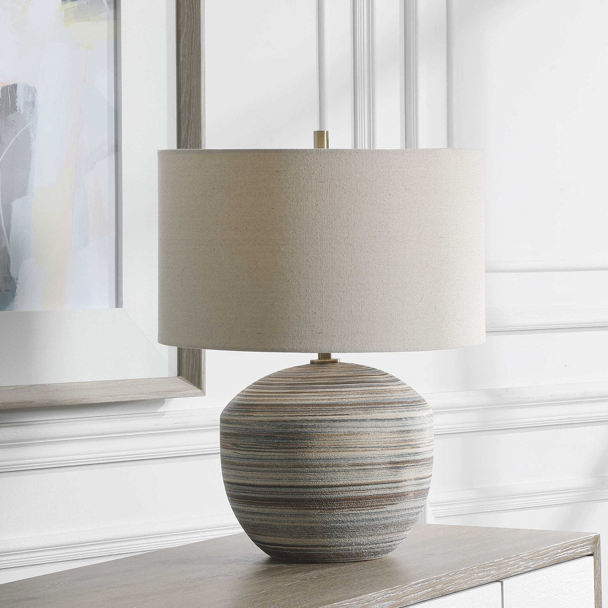 Uttermost Prospect Brown, Taupe and Cream Ceramic Table Lamp With Light Beige Linen Shade - Image 1