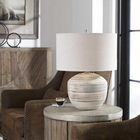 Uttermost Prospect Brown, Taupe and Cream Ceramic Table Lamp With Light Beige Linen Shade - Image 3