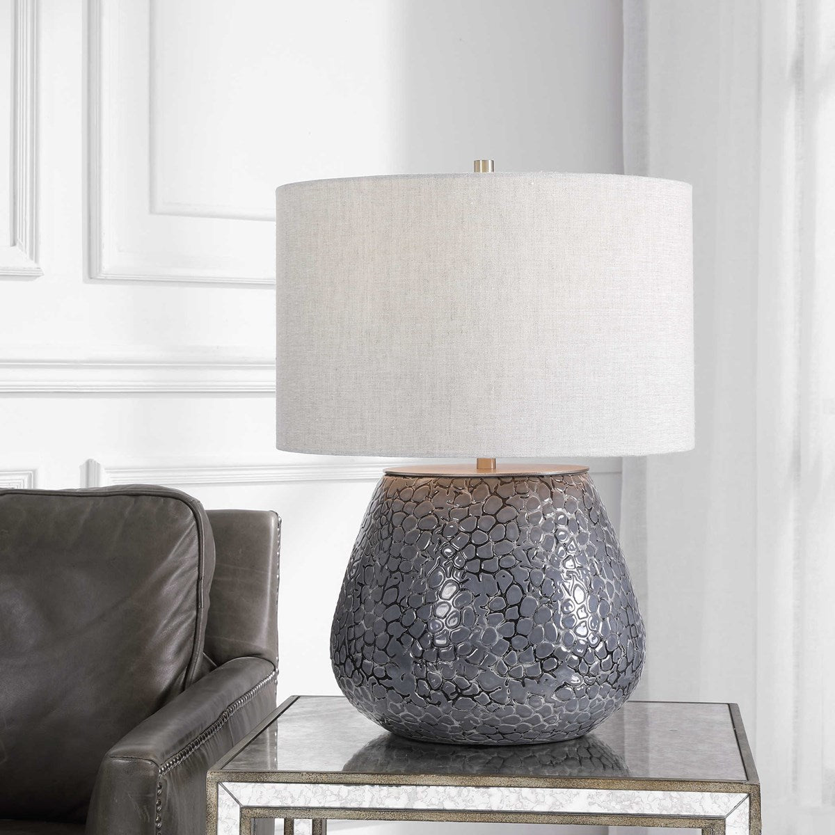 Uttermost Pebbles Charcoal Gray Embossed Textured Ceramic Table Lamp With Linen Shade - Image 3