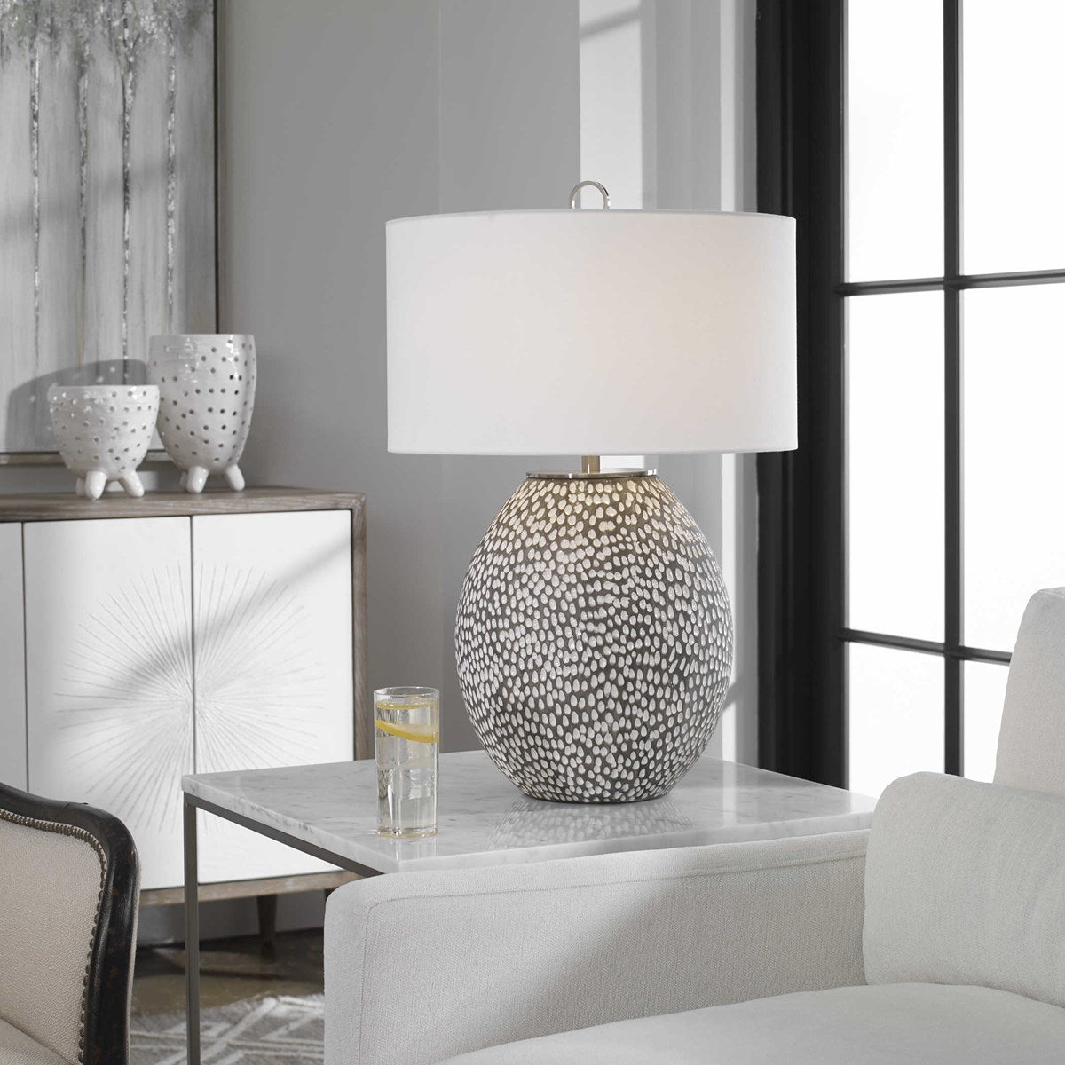 Uttermost Cyprien Brushed Gray and Crackled Gloss White Glazed Ceramic Table Lamp With Linen Shade - Image 1