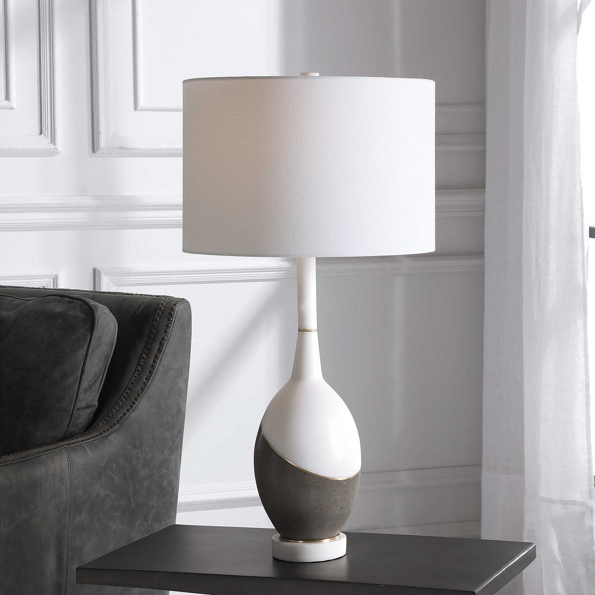 Uttermost Tanali Charcoal and Polished White Table Lamp With White Shade - Image 1