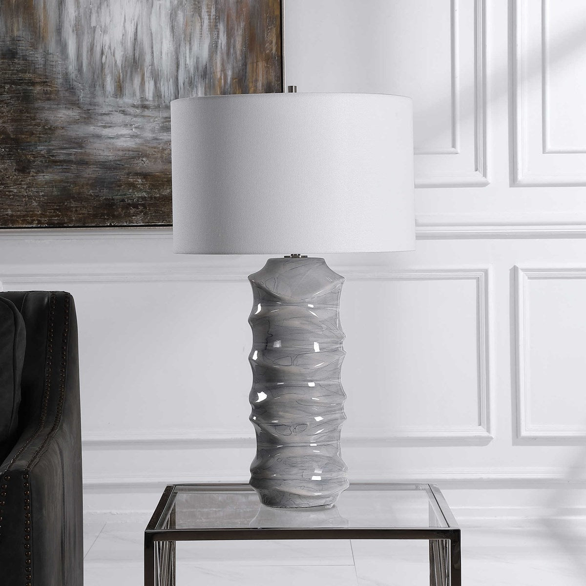 Uttermost Waves Blue and White Ceramic Table Lamp With White Shade - Image 1