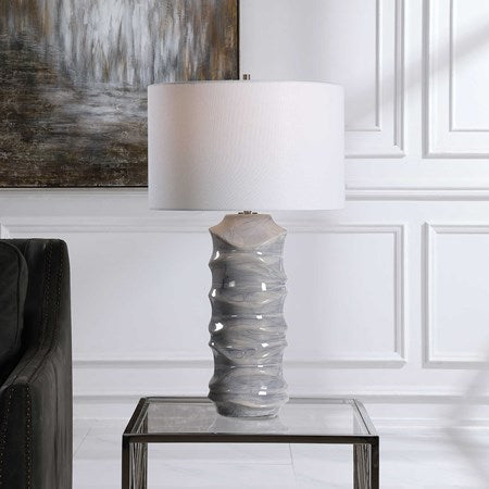 Uttermost Waves Blue and White Ceramic Table Lamp With White Shade - Image 3