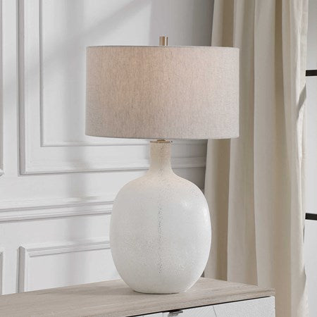 Uttermost Whiteout Aged White Glass Table Lamp With Light Oatmeal Linen Shade - Image 1