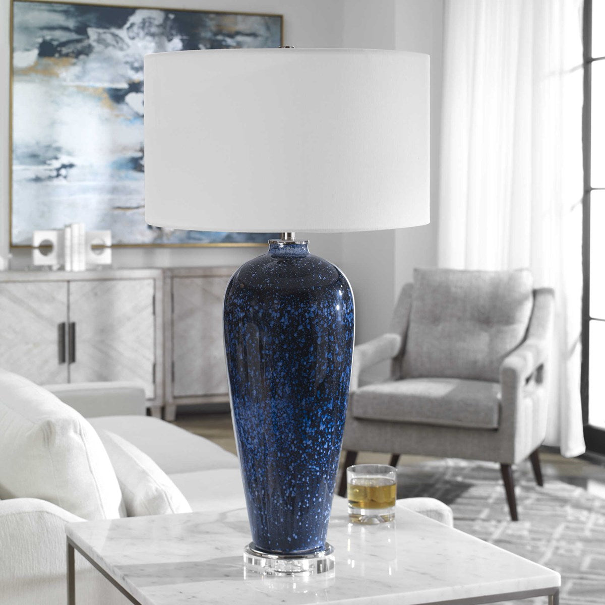 Uttermost Stargazer Cobalt Blue Glass Table Lamp With White Shade - Image 1