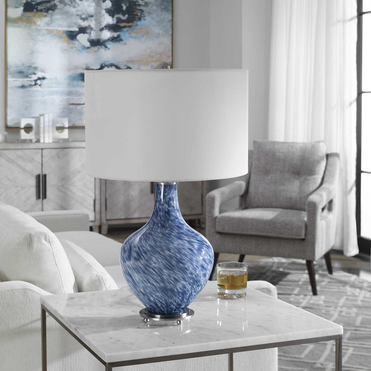 Uttermost Cove Colbalt Blue and White Glass Table Lamp With Linen Shade - Image 3