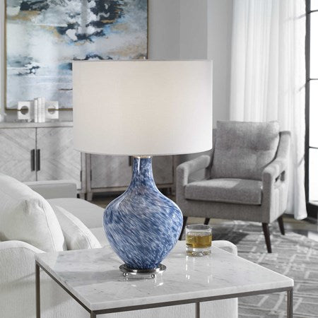 Uttermost Cove Colbalt Blue and White Glass Table Lamp With Linen Shade - Image 1