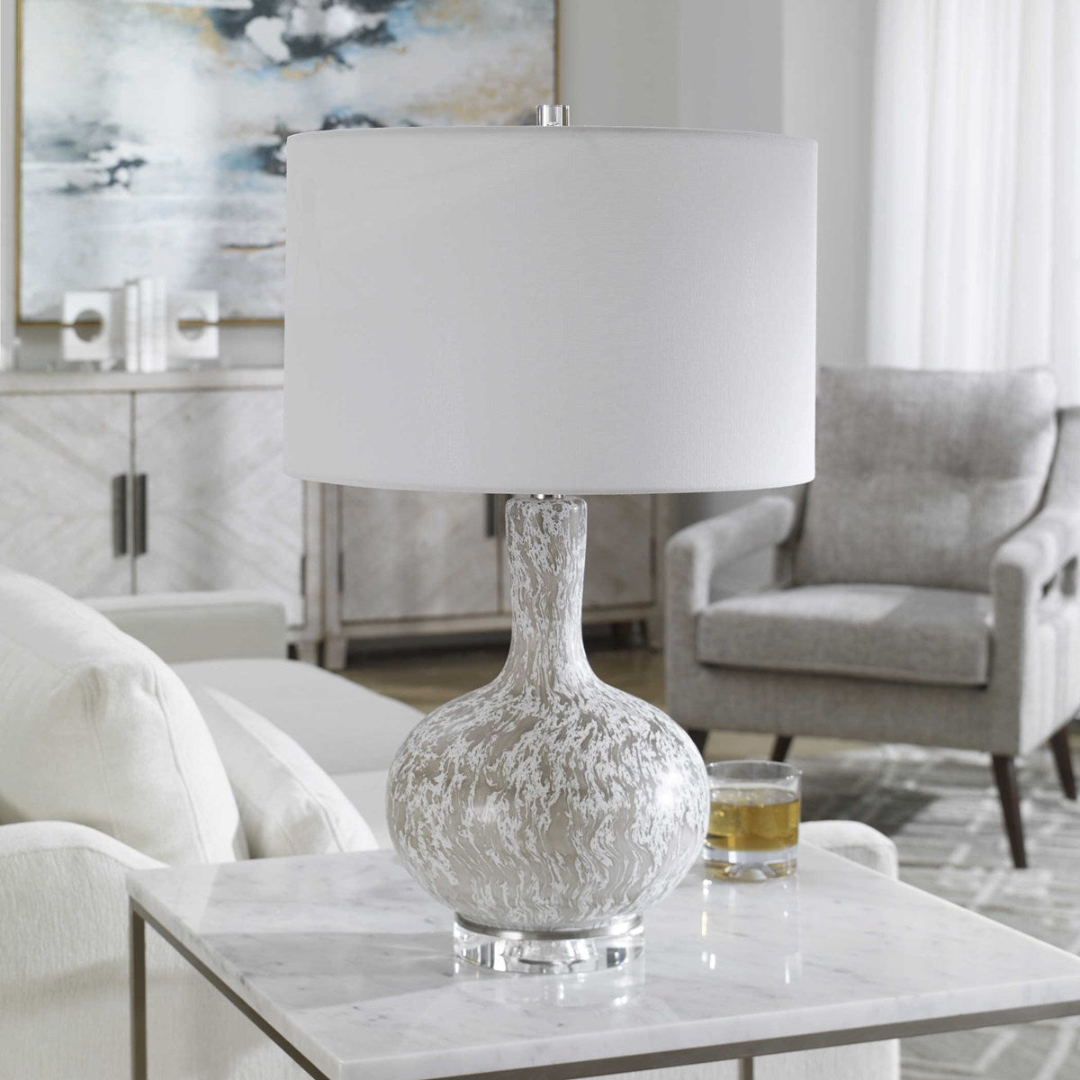 Uttermost Turbulence White, Black and Gray Glass Table Lamp With White Shade - Image 1