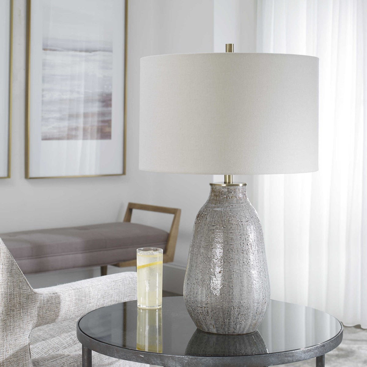 Uttermost Monacan Taupe and Gray Ceramic Table Lamp With Off-White Shade - Image 1