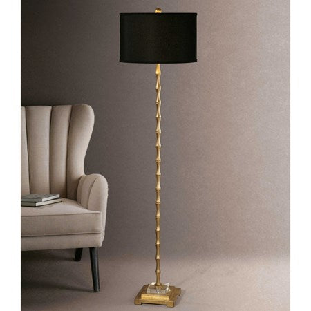 Uttermost Quindici Antiqued Gold Leaf Floor Lamp With Black Linen Shade - Image 2
