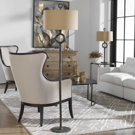 Uttermost Ferro Aged Rust Bronze Iron Floor Lamp With Beige Linen Fabric - Image 1