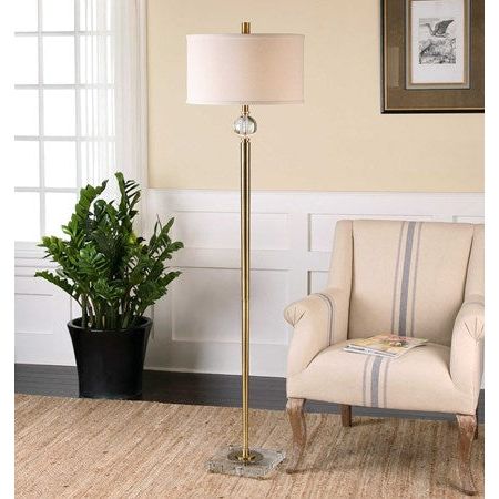 Uttermost Mesita Brushed Brass Floor Lamp With Off-White Linen Shade - Image 2