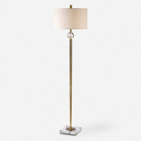 Uttermost Mesita Brushed Brass Floor Lamp With Off-White Linen Shade - Image 1