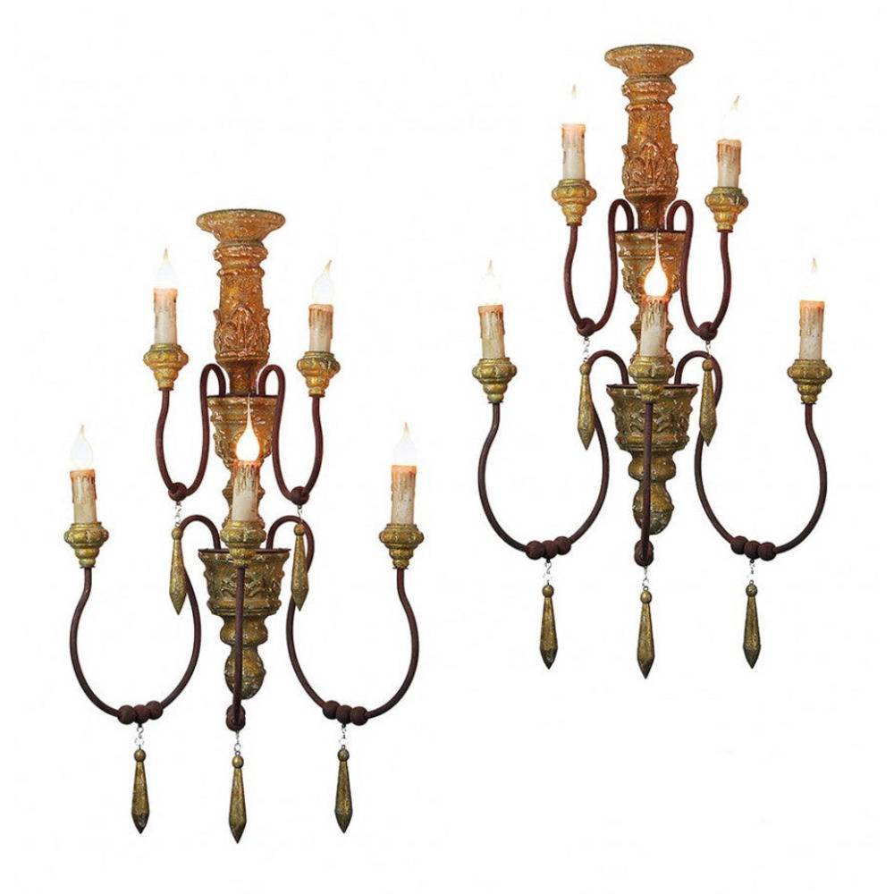 Provence Home Set of 2 Distressed Aged Gold Carved Wood Antiqued Metal Wall Sconces - Image 1