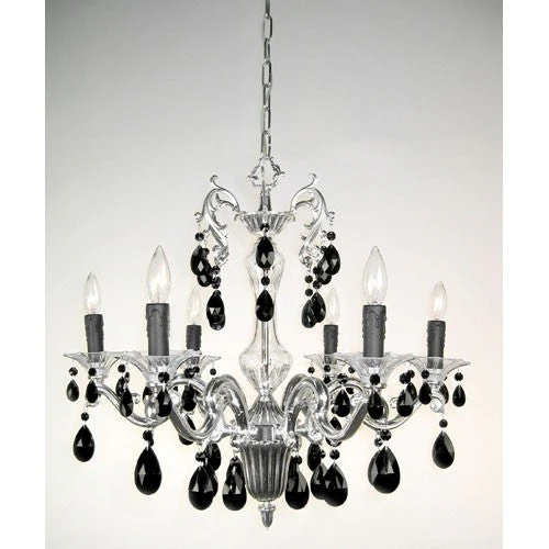 Via Firenze Silver Plate Six-Light Chandelier with Black Crystal Accents - Image 1