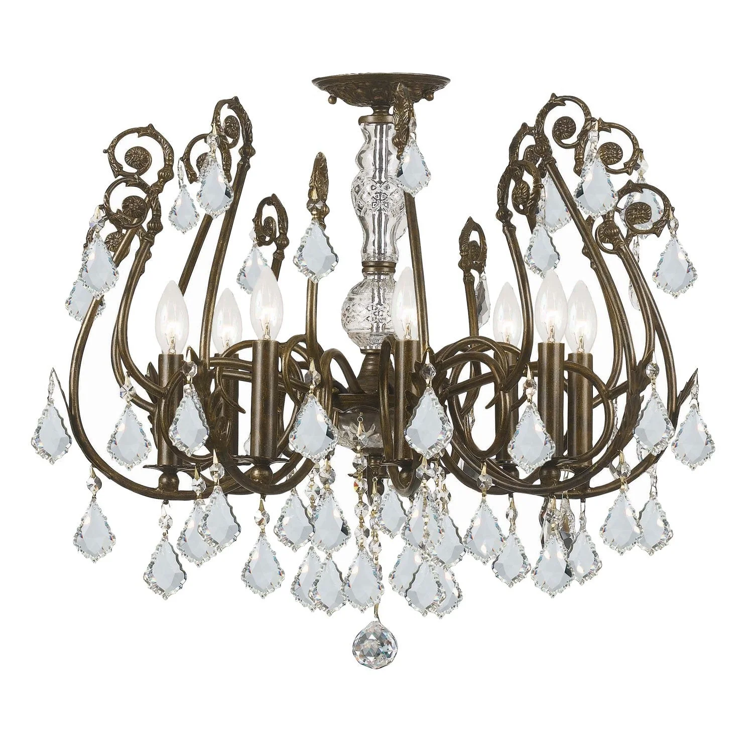 English Bronze Eight-Light Crystal Semi-Flush - Image 1
