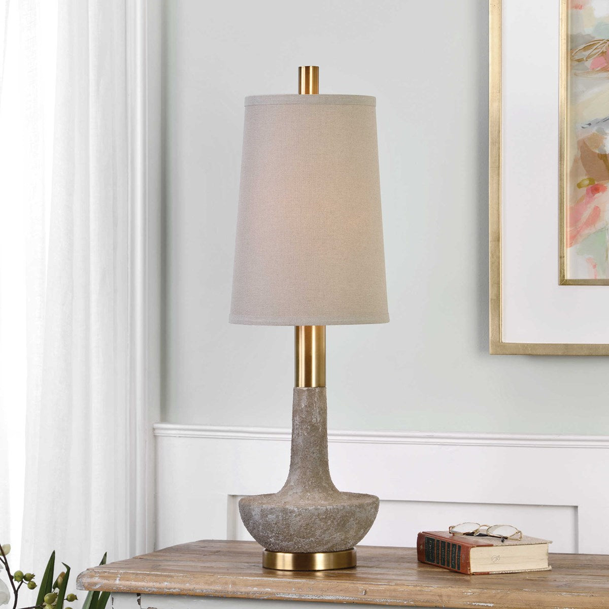 Uttermost Volongo Ivory Stone and Brushed Brass Buffet Lamp With Oatmeal Linen Shade - Image 1