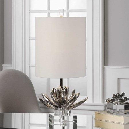 Uttermost Silver Lotus Metallic and Crystal Accent Lamp With White Linen Shade - Image 1