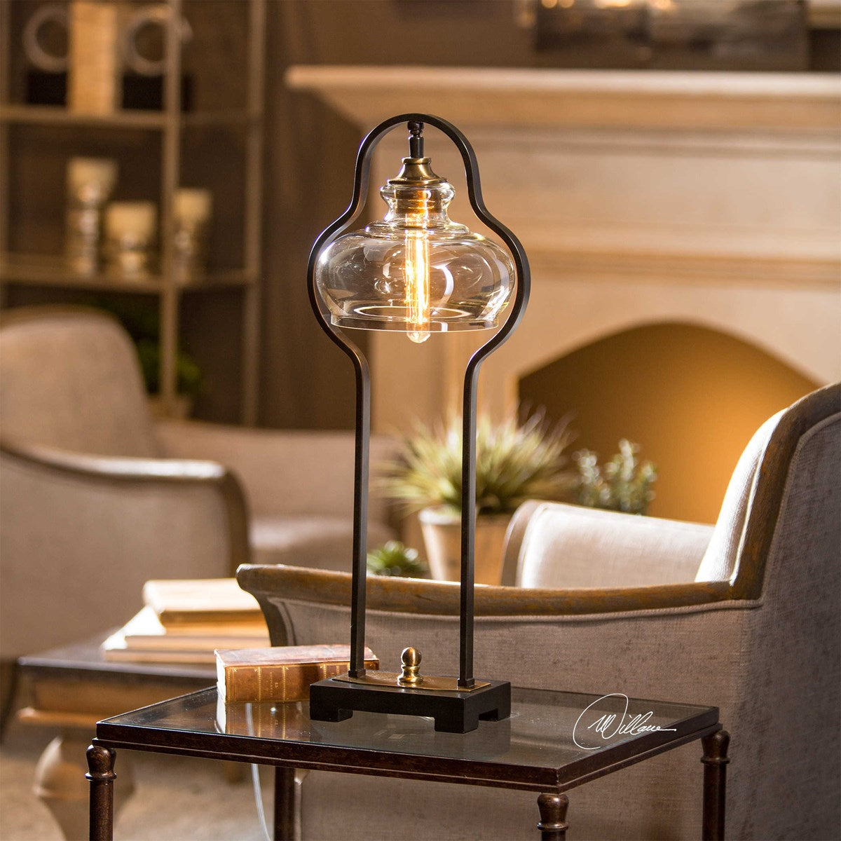 Uttermost Cotulla Forged Iron Accent Lamp With Amber Glass Shade - Image 1