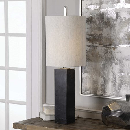 Uttermost Delaney Black Marble Buffet Lamp With Light Beige Linen Shade - Image 1