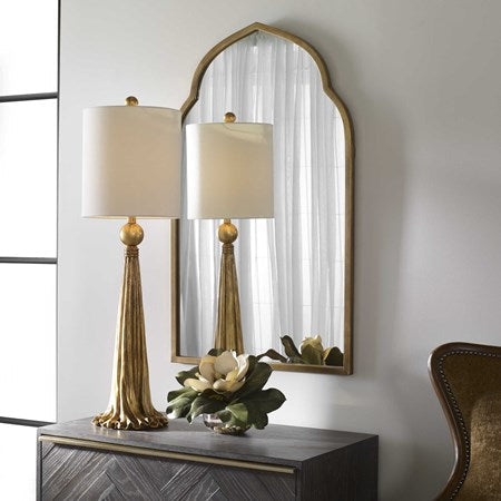 Uttermost Paravani Antiqued Metallic Gold Buffet Lamp With White Linen Shade - Image 1